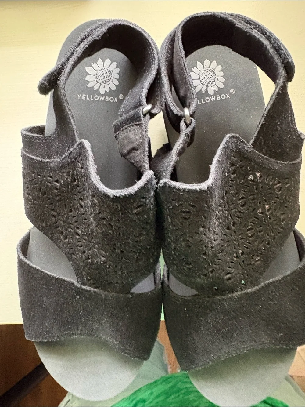 Yellow Box Black Laser-Cut Slingback Wedge Sandals